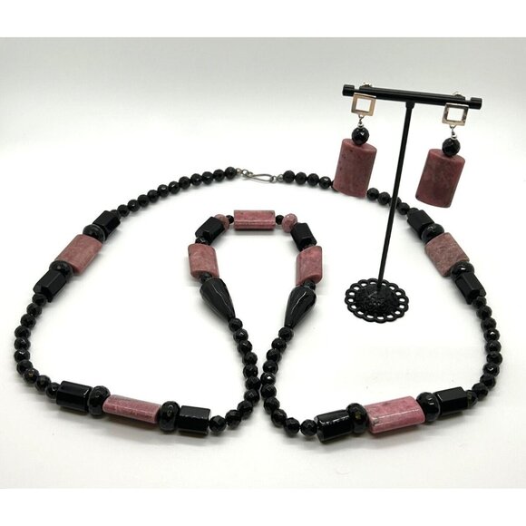 Rose Quartz Onyx Necklace Earrings Sterling Sliver Clasp Natural Stone - Picture 3 of 7